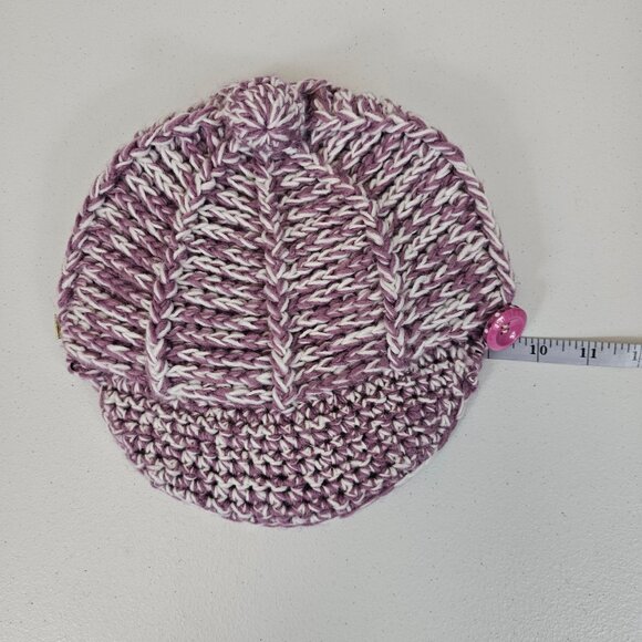 Ladies OS Fall Winter Warm Cozy Cable Knit Wool Riding Cap Purple White Pom Pom - Picture 14 of 16